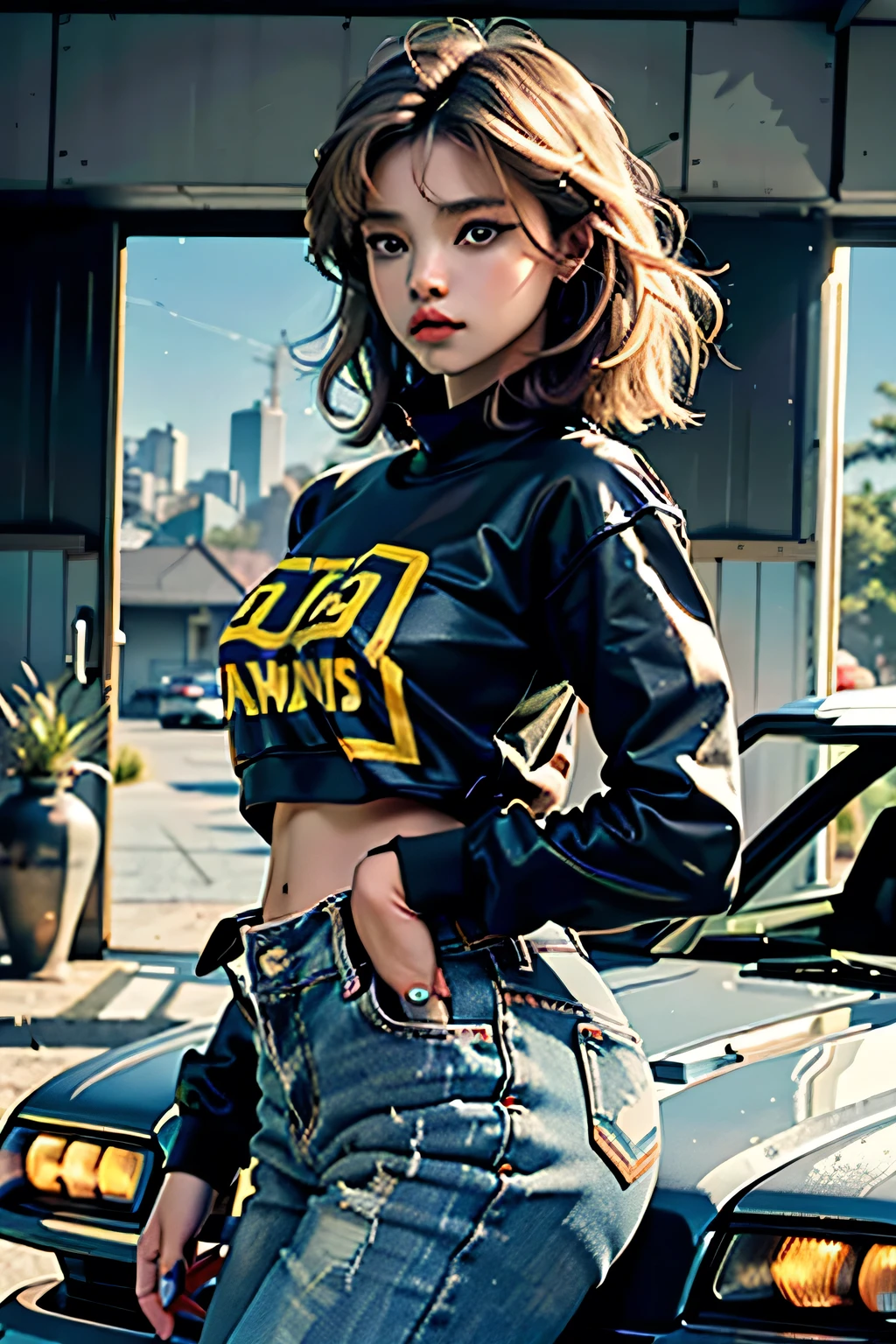 Chloë Grace Moretz as a teenager, olhos grandes azuis, boca carnuda, corpo perfeito, seios grandes, bunda grande, coxas grossas, cabelos longos e ondulados, sorriso, poster, ao lado de um carro esportivo, countach, vestindo short jeans curto e camiseta de banda, jaqueta de couro preta, realista, Northern California city, altamente detalhado, clear, clear lighting