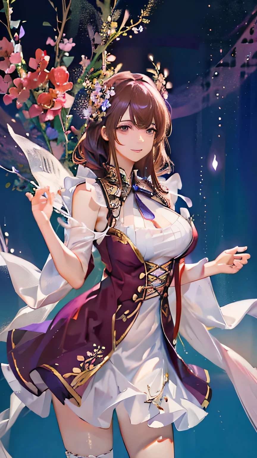 (highest quality, High resolution), Glowing Eyes, Delicate facial features, Vibrant colors, Dreamy atmosphere, Fantasy Theme, Floral Background, Graceful Movement, Detailed clothing, loose fitting dress, Elegant fashion, Magic lighting, Mysterious Aura, Heavenly Beauty, Magic thread, Whimsical elements,Big Breasts、Red attire、Colorful costumes、lingerie、Purple outfit