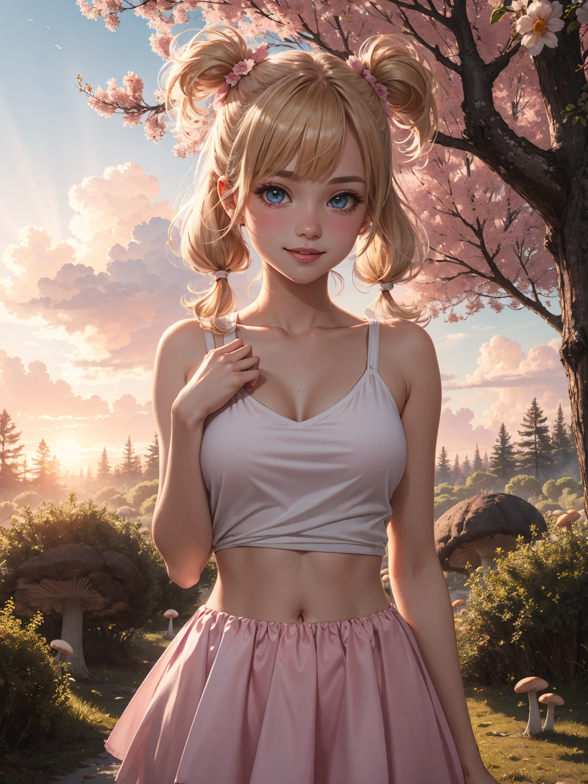 (masterpiece, best quality:1.4), Young blonde beauty, (((18 years old, neat girl))), detailed blue eyes, long eyelashes, blush, kind smile, horny, upper body, short top, small ass, short pink skirt, (looking at viewer), (close up), beautiful blonde hair, white-skinned, (bangs:1.3), pigtails, squeezing, (medium size breasts), (mushroom forest, celestial forest, beautiful and magnificent pink sunshine, majestic sky), natural light, pastel colors