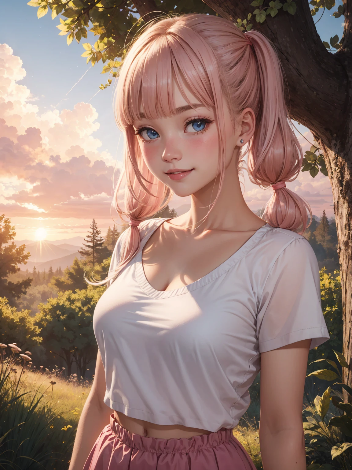 (masterpiece, best quality:1.4), Young blonde beauty, (((18 years old, neat girl))), detailed blue eyes, long eyelashes, blush, kind smile, horny, upper body, short top, small ass, short pink skirt, (looking at viewer), (close up), beautiful blonde hair, white-skinned, (bangs:1.3), pigtails, squeezing, (medium size breasts), (mushroom forest, celestial forest, beautiful and magnificent pink sunshine, majestic sky), natural light, pastel colors