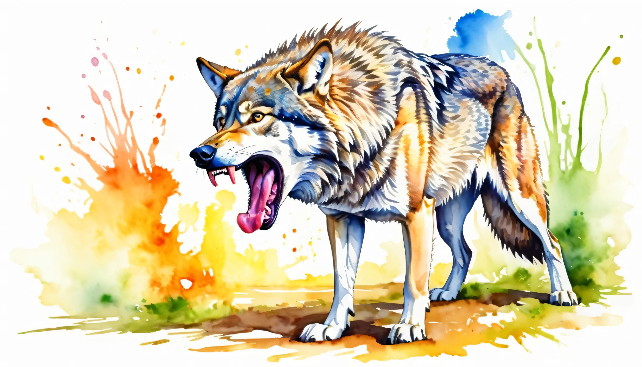 angry wolf standing on the ground with its mouth open showing its fangs, no_humans, animal, tongue, animal_focus, fangs, open_mouth, teeth, solo, tongue_out, modern art, painting, drawing, watercolor, psychedelic colors