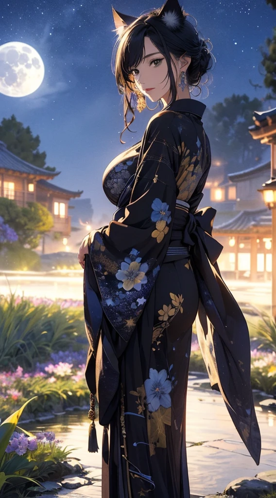 masterpiece, high quality, 4K, Beautiful design, Back view,silhouette， 非常に詳細な夜のStarry Sky,Flower Field， wonderful, Finer details,  Very knowledgeable woman, Highly detailed solo, 1 female,Cat ear，Big Breasts，kimono，Night view，Starry Sky，full moon，