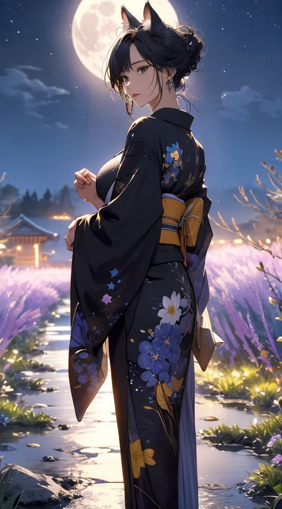 masterpiece, high quality, 4K, Beautiful design, Back view,silhouette， 非常に詳細な夜のStarry Sky,Flower Field， wonderful, Finer details,  Very knowledgeable woman, Highly detailed solo, 1 female,Cat ear，Big Breasts，Colorful kimono，Night view，Starry Sky，full moon，