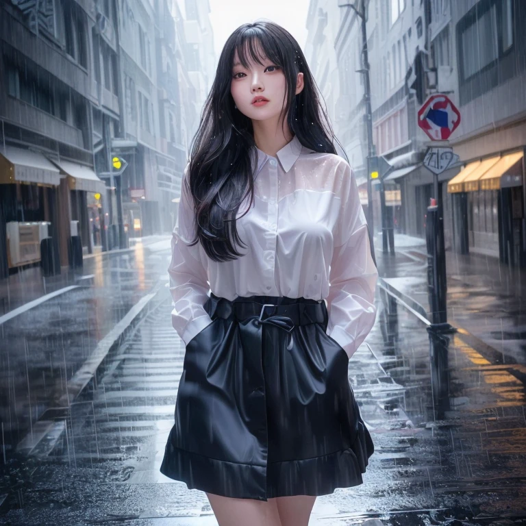 There is a woman walking in the rain, Gweiz-style artwork,  a Surreal , Surreal , Lostrun 8k, Beautiful digital art, 8K Realなデジタルアート, Reality Girls, 8k、RAW Photos、highest quality、Real、Photorealistic、Professional Lighting、mix4、20d、Beautiful Teenage Woman、1 female、Big beautiful eyes、Larger breasts、whole body、Thin body type