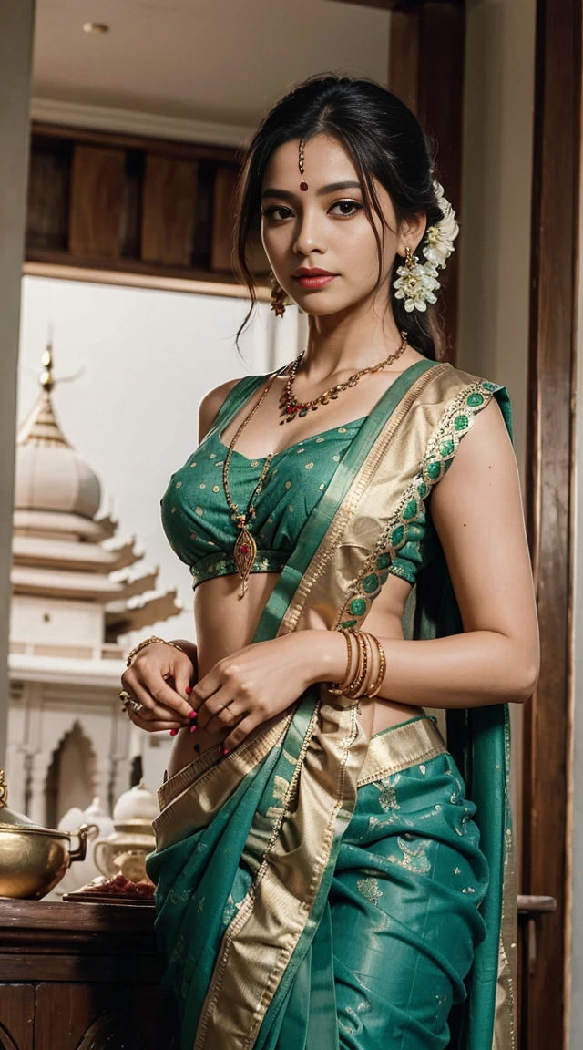 穿绿色设计师印花纱丽和衬衫, 額頭中央有一個賓迪, 绿色纱丽和绿色上衣, 全身被衣服覆盖, 背景中的印度寺庙, 花篮, 穿得很好, 去寺庙祈祷, 金色重型珠宝, 非常漂亮的25岁印度女孩, 全身照片, 手上的曼亨迪, 隨機髮型, 拿着供奉湿婆神的供奉盘，盘中盛有供奉物品, 背景中的湿婆神庙, 珠寶, 宝石, 項鍊, 項鍊 set, 正确的, 朱紅, 纳提亚, 耳環, 曼格爾蘇特拉, 金色的头发, 金手鐲, 腳鍊, 厚嘴唇, holding 花篮 for Puja in hand, 皮膚凹陷, 張開雙唇, 全身照片 from front, 漂亮的臉蛋, 美麗的身體, (細緻的眼睛), ulzzang-6500-v1.1, 濃密的睫毛, 長長的睫毛, 隨機髮型, 寬廣的光, 背光, 盛開, 光閃閃, 色差, 銳利的焦點, 尼康 Z 85mm, 無與倫比的傑作, ultra-實際的 8k photos, 最好的品質 masterpiece, 最好的品質, (photo實際的:1.2),  (實際的:1.5), (hyper實際的:1.2),(photo實際的 face:1.2)