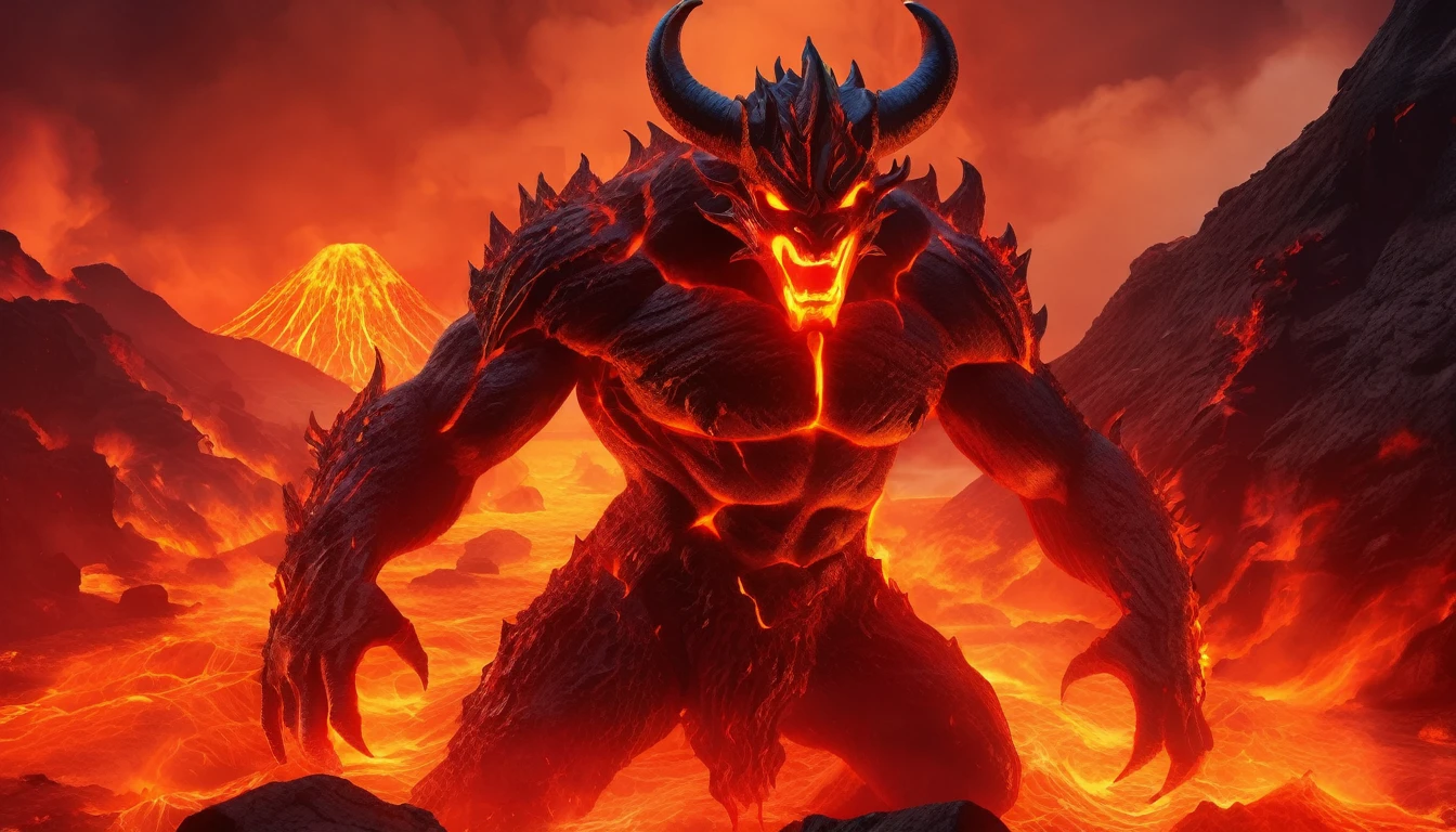 (best quality,absurdres), realistic, 8k, ultra-detailed, face medium close up, huge lava demon, demonic face, glowing eyes, horns, dangerous look, immersed in  lava, swimming in lava, body immersed in hot lava fire element, lava pouring out of his hands creating new rivers of lava, the demon advances sowing destruction