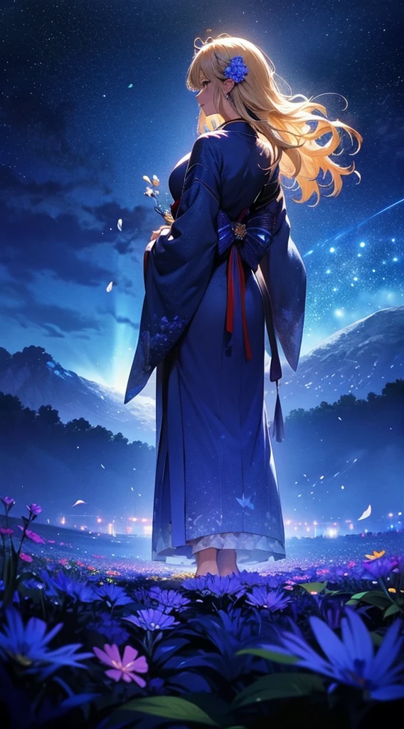 １gente々,Mujer rubia de pelo largo，Blue kimono， Vestido silueta， Vista trasera，cielo espacial, campo de flores，Flores coloridas，Pétalos revoloteando，