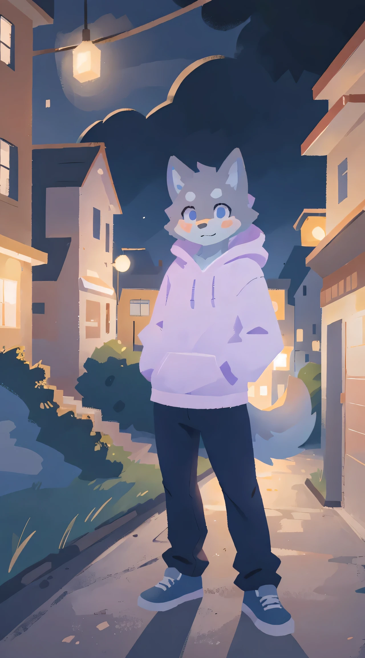 a full body, anthropomorphic old adult blue wolf wearing a light purple hoodie, pants, cute face , posing for a picture in a hill at night with a city in the far distance