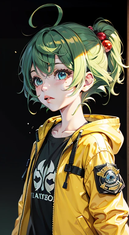 （masterpiece, best quality,8K,CG）,1girl,short hair, (black hair |green  hair)， rainbow color haircolorful hair，Gradual hair color，
(Transparent plastic jacket:1.2)，Black T-shirt,(simple background:1.2)   ,shiny, light particles, mole under eye, hair bobbles, big bubble, collarbone, hair ribbon, light particles, solar flare,