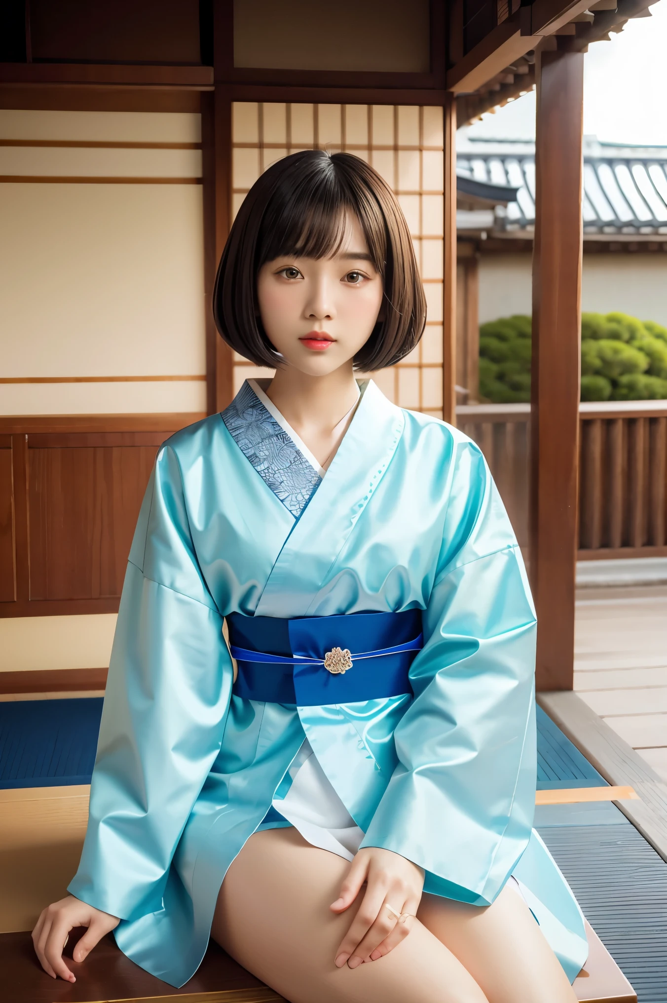 Top Quality, Masterpiece, High Definition, 1girl, Beautiful and Perfect Face, Bob Cut, Japanese Clothing,Kimono, Intricate Details, Cinematic Feel, 8K, Very Detailed  