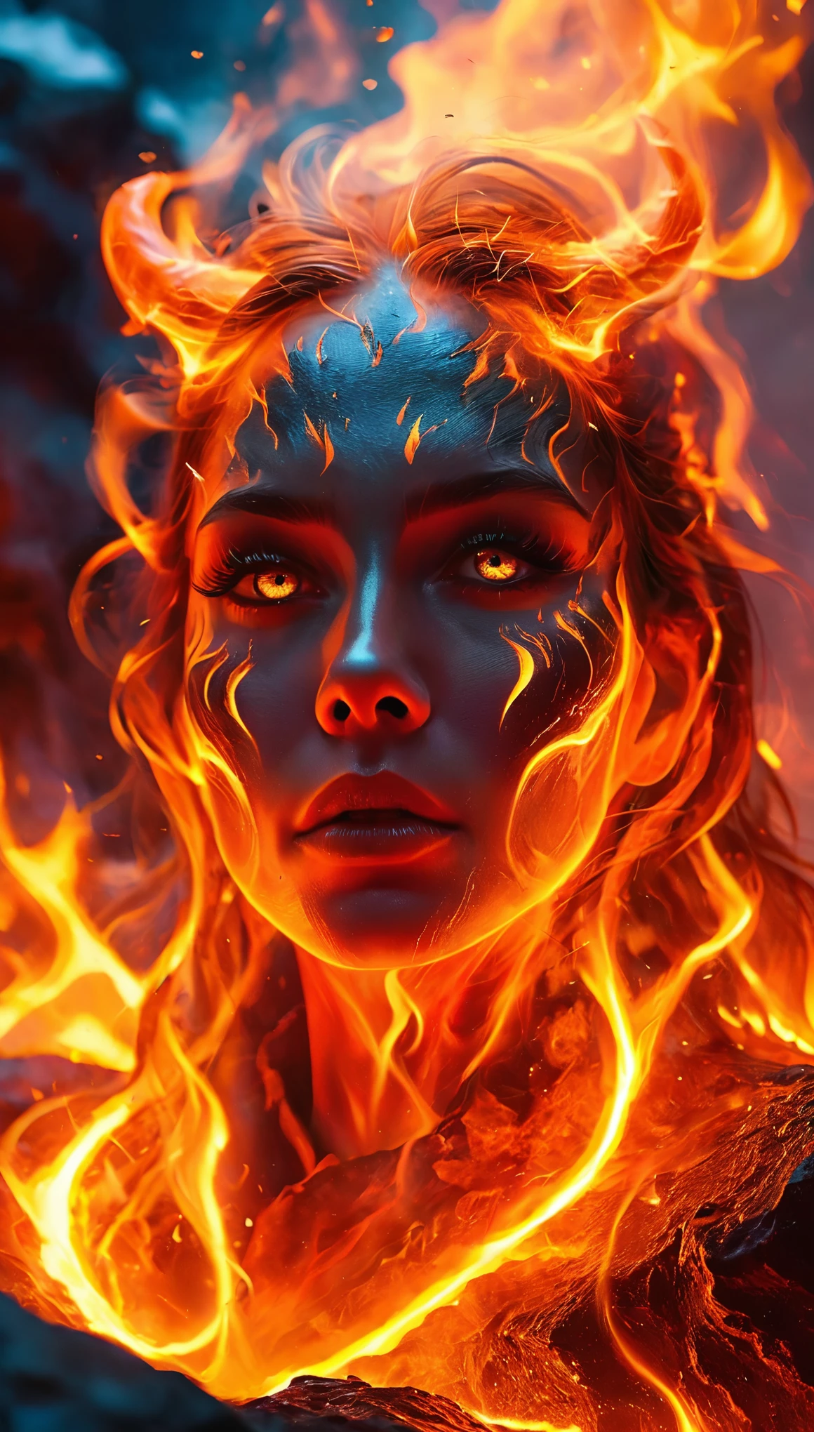 (best quality,absurdres), realistic, 8k, ultra-detailed, (cowboy shot:1.6), (low angle shot:1.6) female lava demon, demonic beautiful woman face, beautiful demon eyes, horns, dangerous look, fiery long hair, part of the hair blown by the wind scatters fiery sparks, part of the hair floats on the surface of the lava, immersed in lava, swimming in lava, head and neck visible, body immersed in hot lava fire element, body made of rocks and lava,
