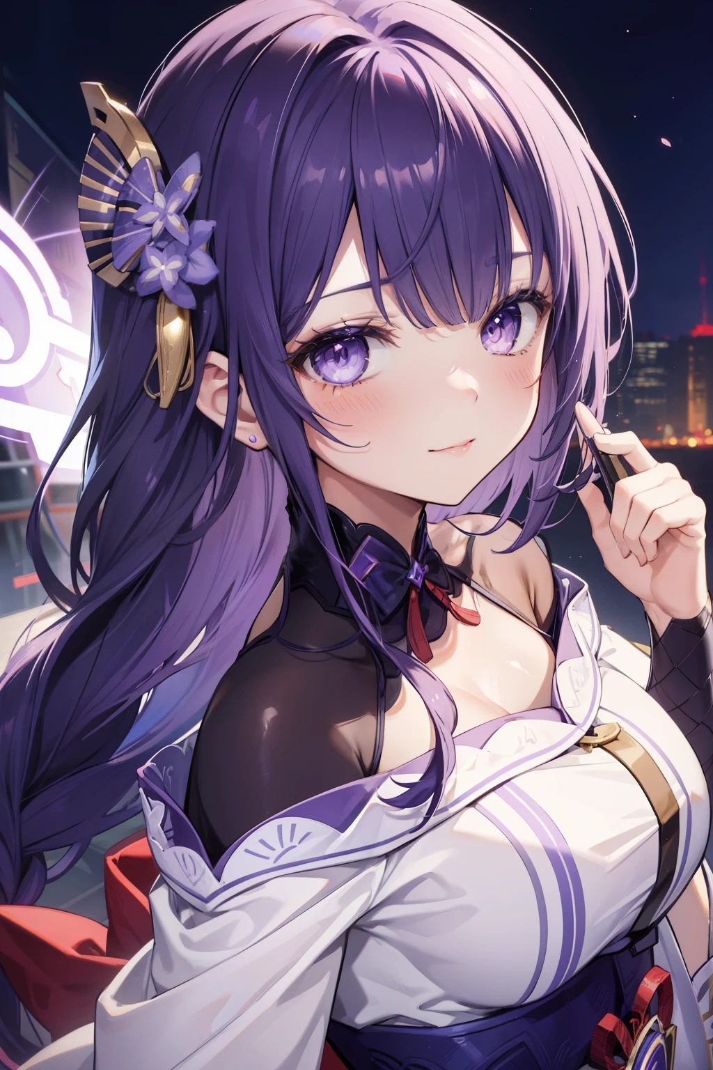 General Raiden、Good looking girl (blush, Perfect Face), independent , Looking at the camera, masterpiece, Anime art style, Cute Characters, Most detailed, high quality、Nico Nico Smile、There are highlights on the eyes、Purple Hair、Use electric magic