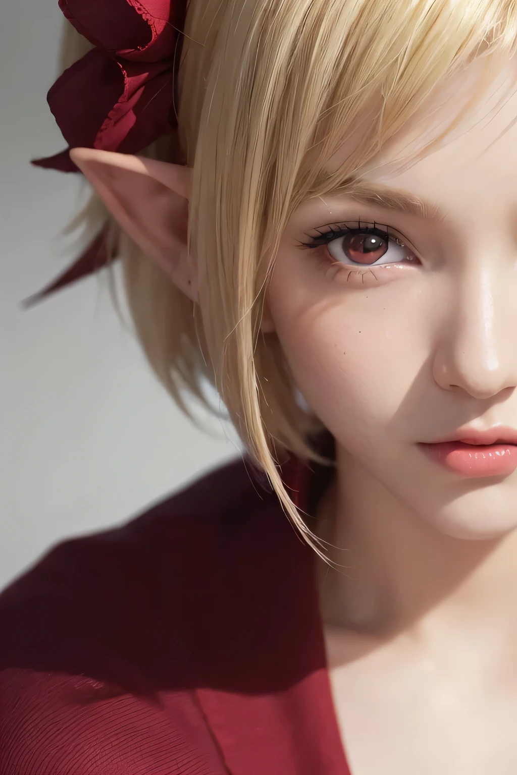 absurdres, (8k, RAW photo, best quality), masterpiece, hyper detailed, perfection, best quality, photo-realistic, (((1girl:1.2))), (((blond girl))), (((solo:1.2))), elf, elf ears, (((blond shortcut hair))), (((burgundy ends of hair))),  (((scarlet red eyes))), (slanted red eyes, tsurime), blond eyebrows, (hair ornament), (portrait:1.34), face shot, full-length:1.5, (((fashion model pose))), at schoolyard, daylight, amazing shadow, close-up, ((red watery eyes)), (((face close-up))):1.4