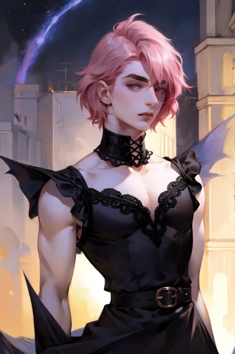 hot male, short pink hair, gothic revealing  dress, masc