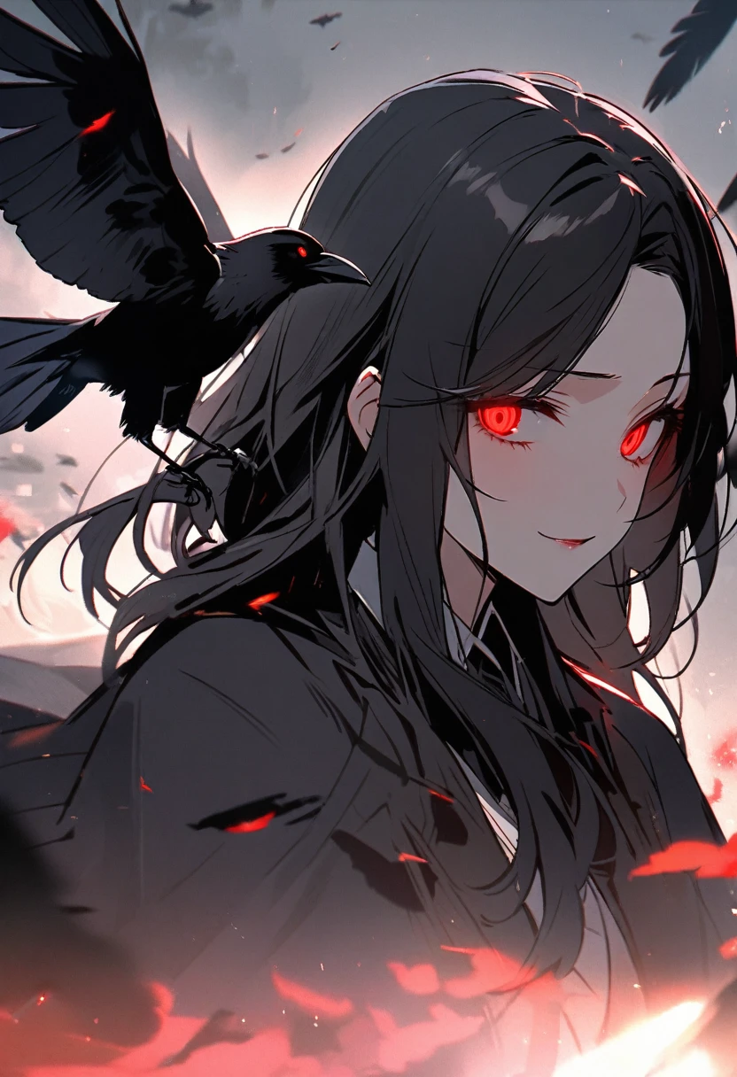 woman, vest, black cloak, red eyes, black hair, crow, glowing eyes, parted bangs, peaceful face, beautiful, yandere