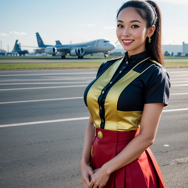 (Thai woman),(highponytail),(forehead),　(Stewardess Uniform:1.5),(short skirt),(enormous breasts:1.6),(slim waist:1.3),(smile:1.5),(aircraft runway in the background:1.5)), (cowboy shot:1.4),8k, UHD,