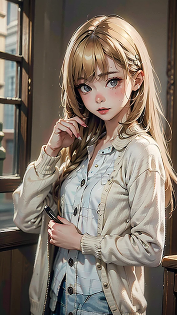 (masterpiece), (High resolution), (Very delicate), (masterpiece: 1.2, highest quality), whole body,(snap shot), Creepy Appearance, Unique atmosphere、Holding a knife、High school girl wearing a white cardigan、Blonde
