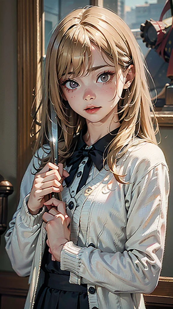 (masterpiece), (High resolution), (Very delicate), (masterpiece: 1.2, highest quality), whole body,(snap shot), Creepy Appearance, Unique atmosphere、Holding a knife、High school girl wearing a white cardigan、Blonde
