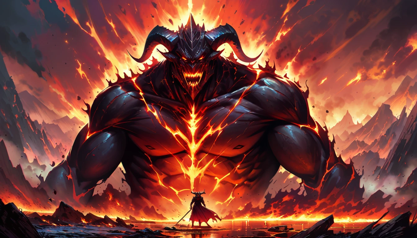(realistic, high-quality, 4k, detailed:1.2), fantasy, horror, lava demon, enormous monster, diabolic, burning down a village with streams of molten lava shooting from its hands, dark and menacing atmosphere, glowing red eyes, towering over the village, terror-inducing presence, twisted horns, smoky tendrils surrounding its body, terrified villagers fleeing, crumbling buildings, intense heat radiating from the demon's body, ominous shadows, deadly fire raining from the sky, apocalyptic destruction, charred remains, desolation, scorched earth, fiery landscape, epic battle between the demon and brave warriors, desperate struggle for survival, intense action, rich color palette with deep reds, oranges, and blacks, eerie silence broken only by the crackling of flames, epic scale, dramatic composition, dynamic poses, cinematic lighting effects, surreal and nightmarish aesthetics, dark fantasy vibes.
