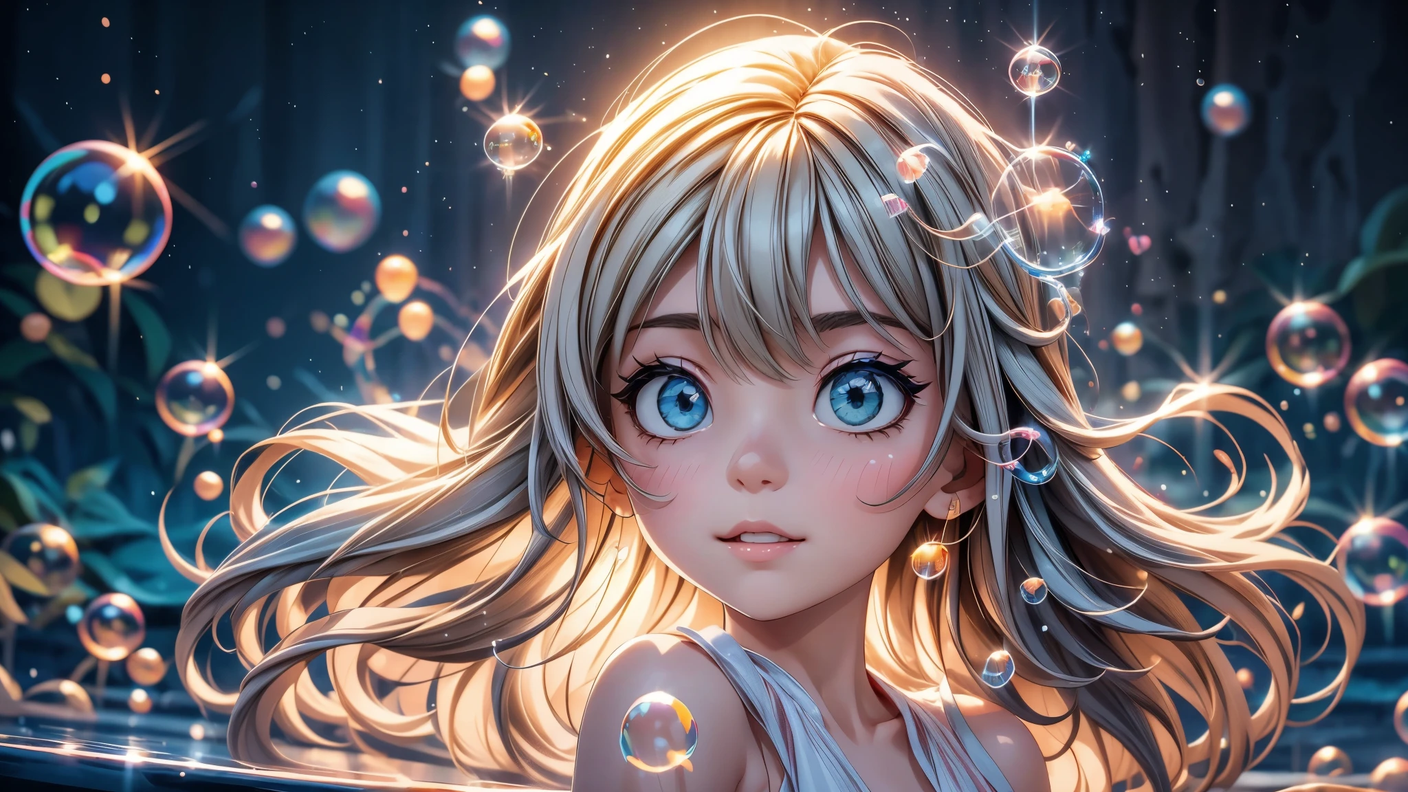 
A little girl dancing with soap bubbles,illustration,Soft colors,soft light,high resolution,Super detailed,best quality,portrait,fantasy,Charming atmosphere,floating dress,Beautiful and delicate eyes,Flowing long hair,Slender fingers,Dream background,Detailed background,Subtle light,Bubbles,Water Drops,fantasy theme,lively movement, Octane Render 