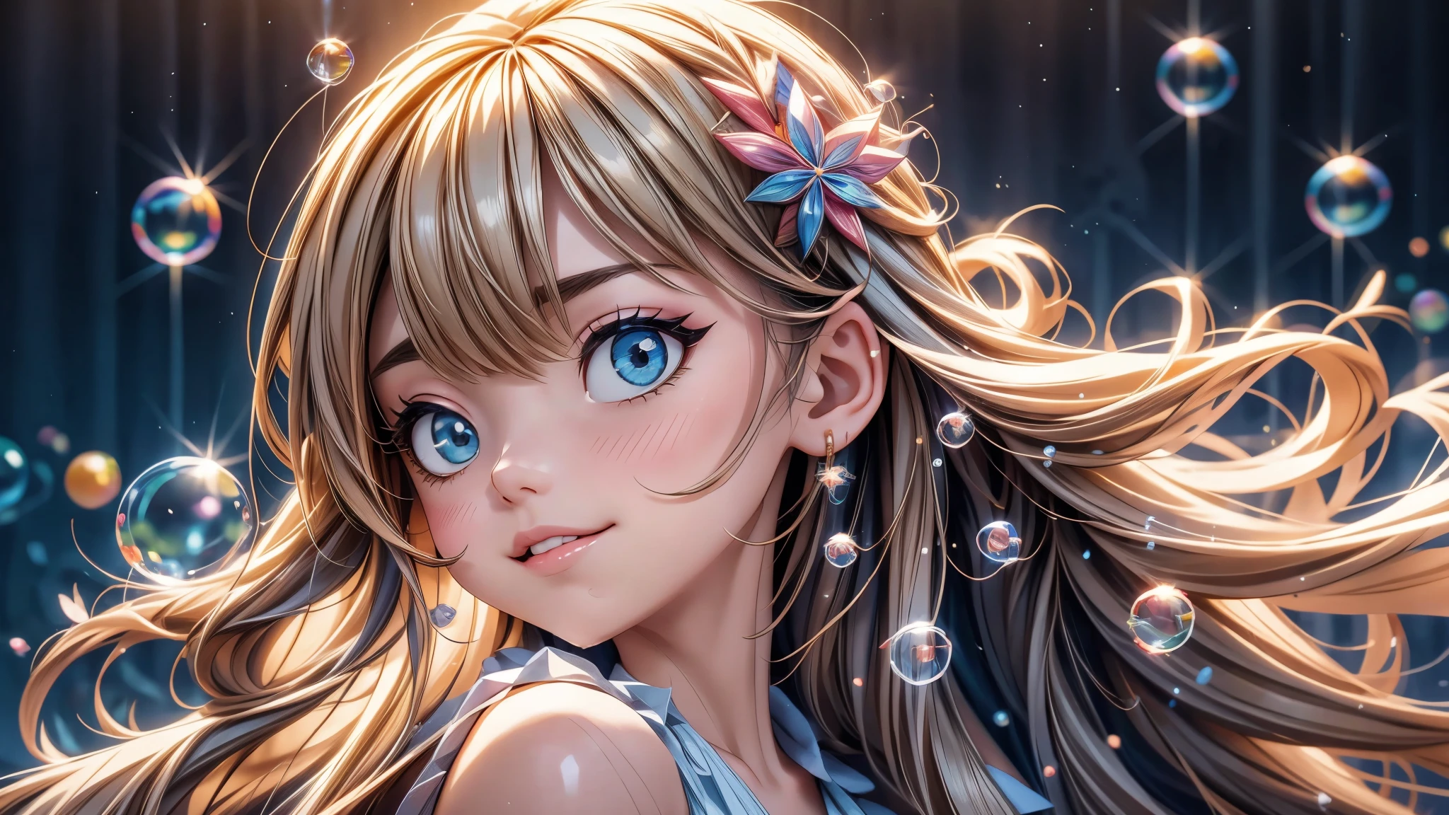 
A little girl dancing with soap bubbles,illustration,Soft colors,soft light,high resolution,Super detailed,best quality,portrait,fantasy,Charming atmosphere,floating dress,Beautiful and delicate eyes,Flowing long hair,Slender fingers,Dream background,Detailed background,Subtle light,Bubbles,Water Drops,fantasy theme,lively movement, Octane Render 