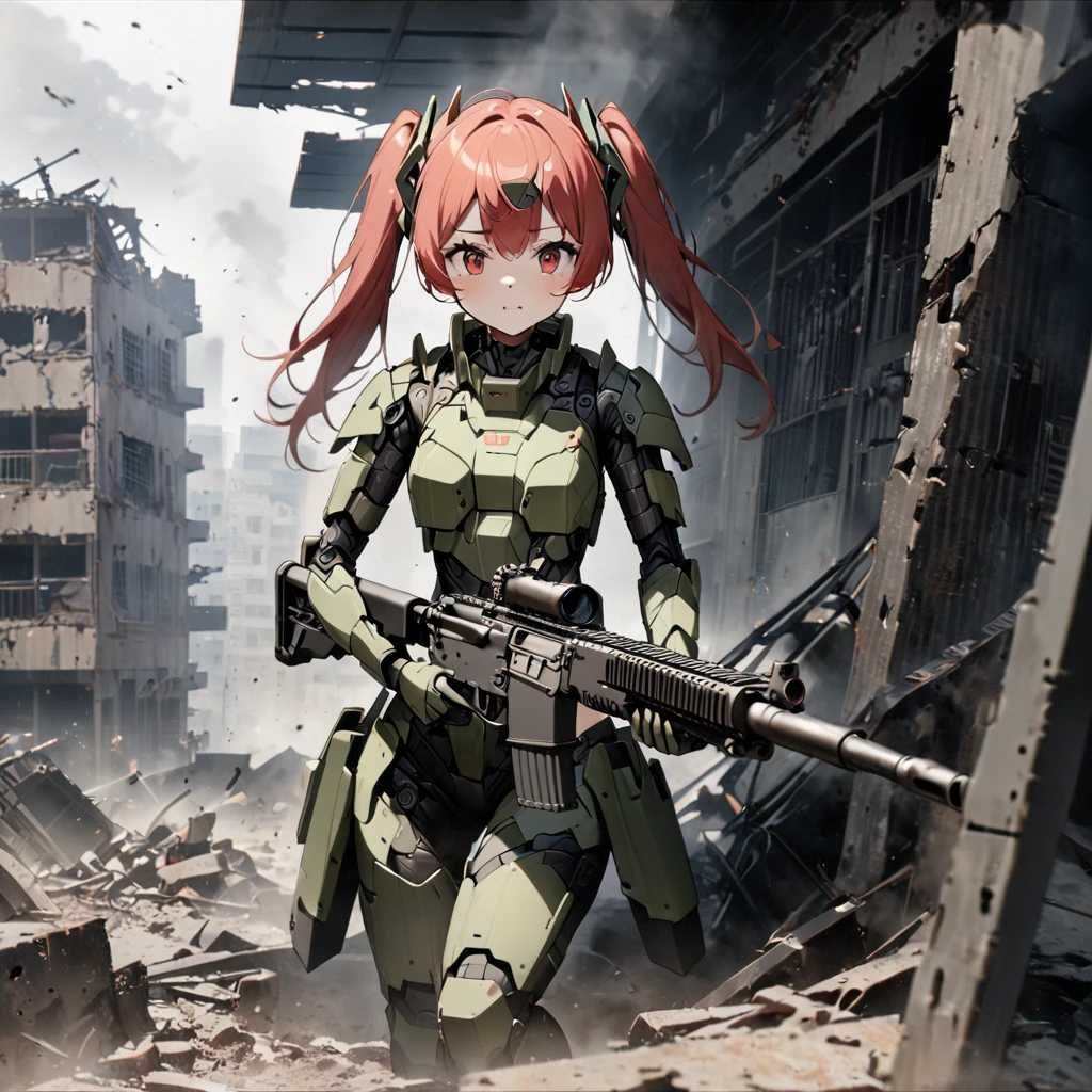High quality, high definition, hig
h precision images,8k 1 Girl Robot Girl、red hair,Twin tails,Red eyes,Robo girl style armor on head.foggy,camouflage robot stylebody armor,city ​​of ruins,Hiding in the wreckage and firing a machine gun,Camouflage color for urban use