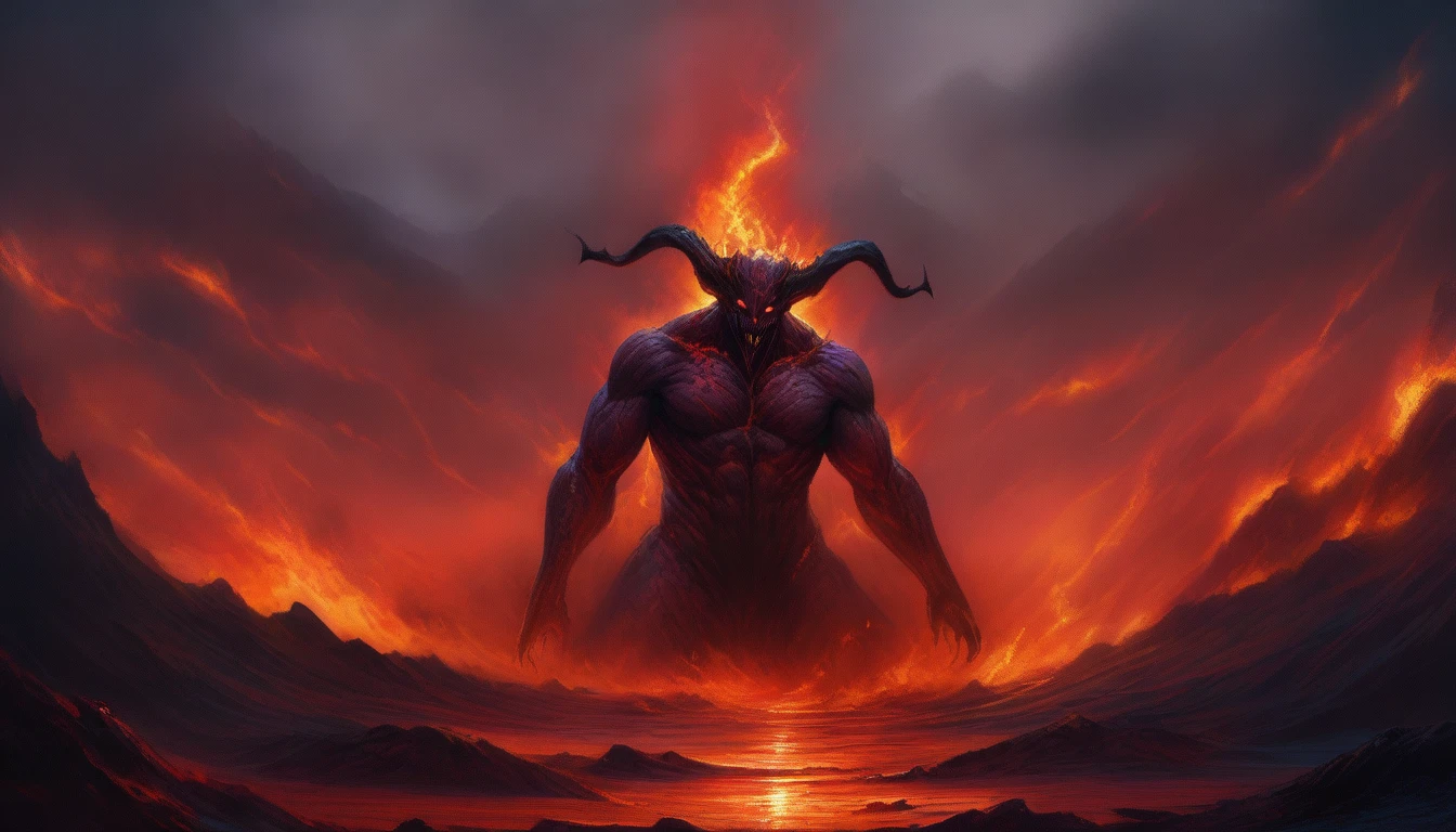 (realistic, high-quality, 4k, detailed:1.2), fantasy, horror, lava demon, enormous monster, diabolic, burning down a village with streams of molten lava shooting from its hands, dark and menacing atmosphere, glowing red eyes, towering over the village, terror-inducing presence, twisted horns, smoky tendrils surrounding its body, terrified villagers fleeing, crumbling buildings, intense heat radiating from the demon's body, ominous shadows, deadly fire raining from the sky, apocalyptic destruction, charred remains, desolation, scorched earth, fiery landscape, epic battle between the demon and brave warriors, desperate struggle for survival, intense action, rich color palette with deep reds, oranges, and blacks, eerie silence broken only by the crackling of flames, epic scale, dramatic composition, dynamic poses, cinematic lighting effects, surreal and nightmarish aesthetics, dark fantasy vibes, lava river, volcano in background