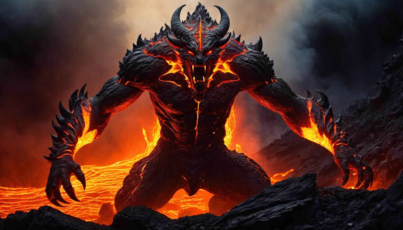 (best quality,4k,8k,highres,masterpiece:1.2),ultra-detailed,(realistic,photorealistic,photo-realistic:1.37),amazingly detailed lava demon,impressive fiery eyes and mouth,dark and menacing appearance,fiery red and orange hues,subtle flickering light,volcanic rock-textured skin,smoke and ash swirling around,demonic horns and claws,lava flowing in the background,ominous presence,ethereal atmosphere,nightmarish and surreal,unleashing destructive powers,creepy and powerful presence,otherworldly and fearsome,fiery aura and organic flames,foreboding and intense,the earth trembling under its feet,incandescent glow of heated lava,cracks and crevices emitting smoke,sinister and malevolent,lit from within by an inner fire,majestic and imposing figure,ominous and otherworldly,creating chaos and destruction,emitting a heat that can melt anything,strong and muscular physique,blackened and charred surroundings,evil and formidable,indomitable and unstoppable force.