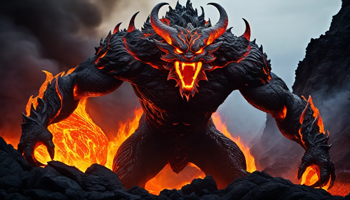 (best quality,4k,8k,highres,masterpiece:1.2),ultra-detailed,(realistic,photorealistic,photo-realistic:1.37),amazingly detailed lava demon,impressive fiery eyes and mouth,dark and menacing appearance,fiery red and orange hues,subtle flickering light,volcanic rock-textured skin,smoke and ash swirling around,demonic horns and claws,lava flowing in the background,ominous presence,ethereal atmosphere,nightmarish and surreal,unleashing destructive powers,creepy and powerful presence,otherworldly and fearsome,fiery aura and organic flames,foreboding and intense,the earth trembling under its feet,incandescent glow of heated lava,cracks and crevices emitting smoke,sinister and malevolent,lit from within by an inner fire,majestic and imposing figure,ominous and otherworldly,creating chaos and destruction,emitting a heat that can melt anything,strong and muscular physique,blackened and charred surroundings,evil and formidable,indomitable and unstoppable force.