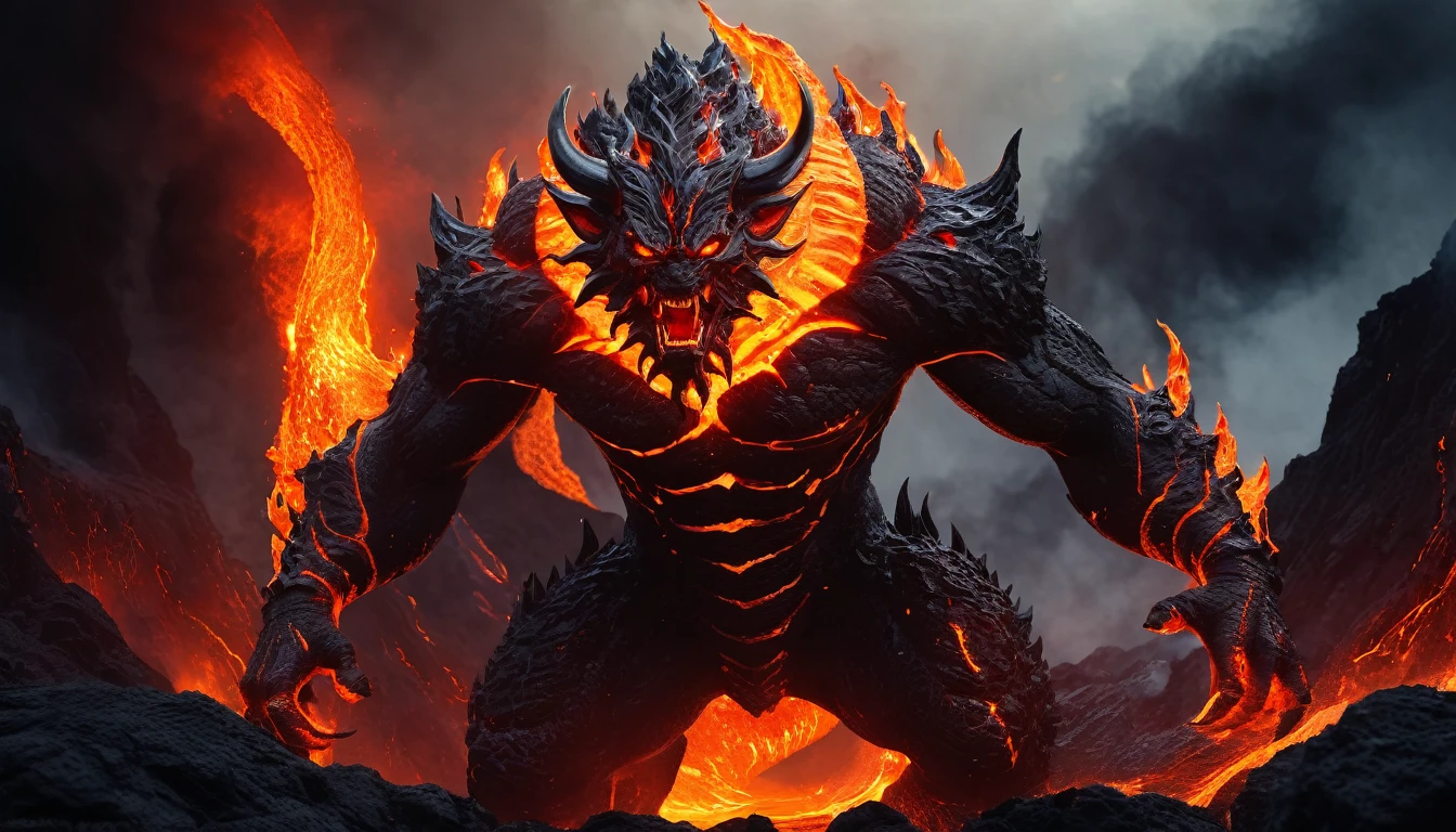 (best quality,4k,8k,highres,masterpiece:1.2),ultra-detailed,(realistic,photorealistic,photo-realistic:1.37),amazingly detailed lava demon,impressive fiery eyes and mouth,dark and menacing appearance,fiery red and orange hues,subtle flickering light,volcanic rock-textured skin,smoke and ash swirling around,demonic horns and claws,lava flowing in the background,ominous presence,ethereal atmosphere,nightmarish and surreal,unleashing destructive powers,creepy and powerful presence,otherworldly and fearsome,fiery aura and organic flames,foreboding and intense,the earth trembling under its feet,incandescent glow of heated lava,cracks and crevices emitting smoke,sinister and malevolent,lit from within by an inner fire,majestic and imposing figure,ominous and otherworldly,creating chaos and destruction,emitting a heat that can melt anything,strong and muscular physique,blackened and charred surroundings,evil and formidable,indomitable and unstoppable force.