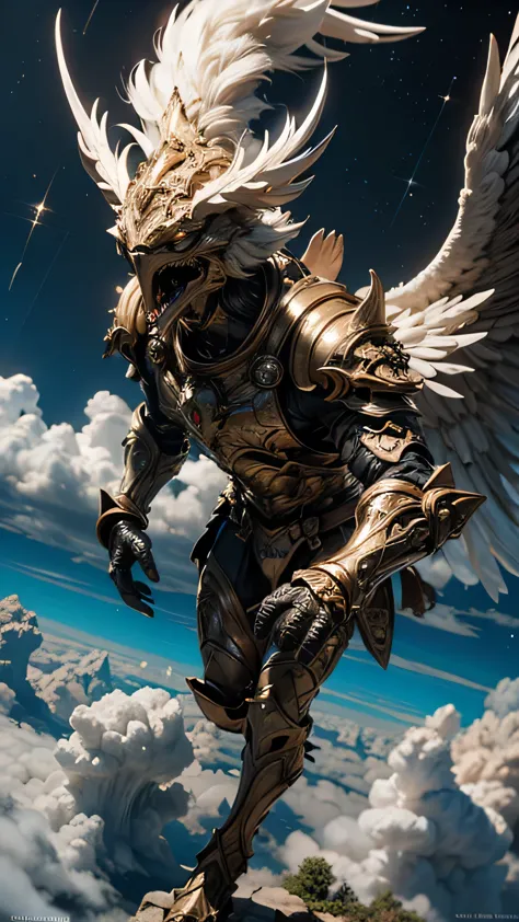 Garuda, (Bird Head:1.3), Very hairy body, Huge body, (Bird talons:1.2), Luxurious Armor, Dynamic pose, Cinematic lighting effect...