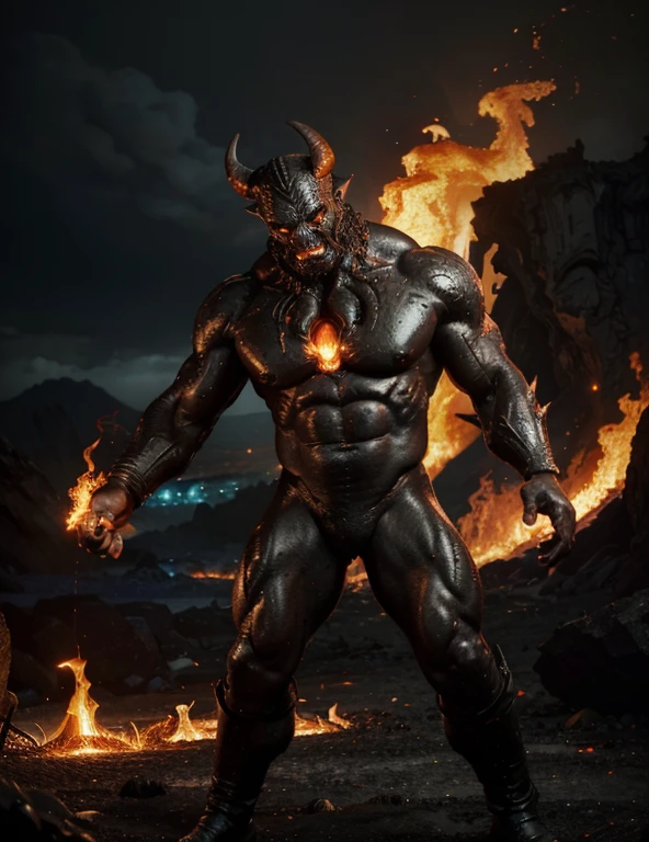 (best quality,4k,8k,highres,masterpiece:1.2),ultra-detailed,(realistic,photorealistic,photo-realistic:1.37),amazingly detailed lava demon,impressive fiery eyes and mouth,dark and menacing appearance,fiery red and orange hues,subtle flickering light,volcanic rock-textured skin,smoke and ash swirling around,demonic horns and claws,lava flowing in the background,ominous presence,ethereal atmosphere,nightmarish and surreal,unleashing destructive powers,creepy and powerful presence,otherworldly and fearsome,fiery aura and organic flames,foreboding and intense,the earth trembling under its feet,incandescent glow of heated lava,cracks and crevices emitting smoke,sinister and malevolent,lit from within by an inner fire,majestic and imposing figure,ominous and otherworldly,creating chaos and destruction,emitting a heat that can melt anything,strong and muscular physique,blackened and charred surroundings,evil and formidable,indomitable and unstoppable force.