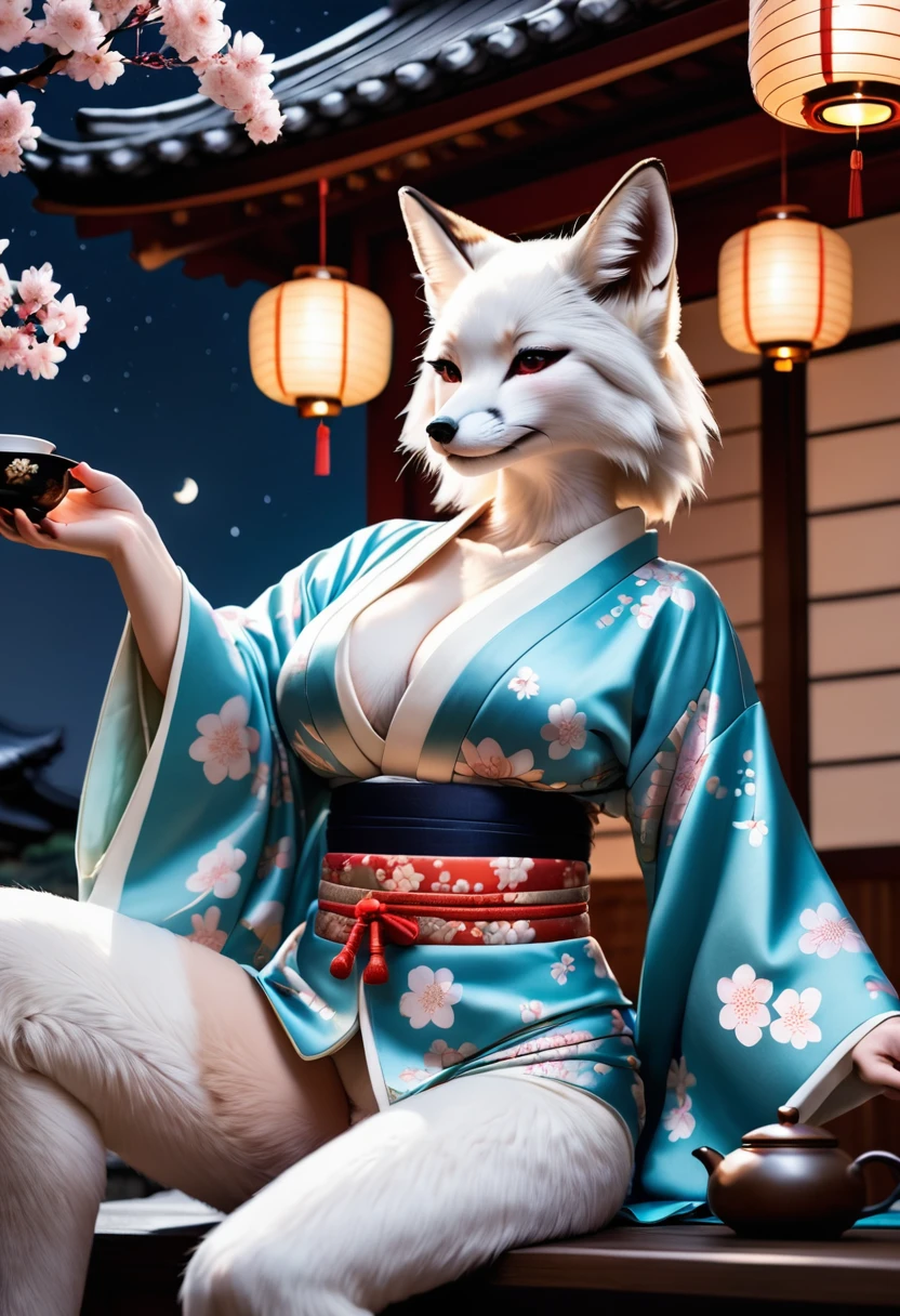 セクシーな日本の芸者に扮した擬人化されたセクシーな白いキツネ, 目に見える裂け目, 開いた装飾のある着物を着ている, 伝統的なお茶を作る, 月明かりの下での茶道, 下から見上げる, 写実的な, 高品質の写真, 