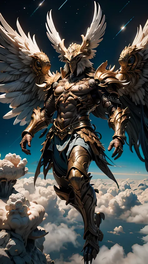 Garuda, (Bird Head:1.3), Very hairy body, Huge body, (Bird talons:1.2), Luxurious Armor, Dynamic pose, Cinematic lighting effect...