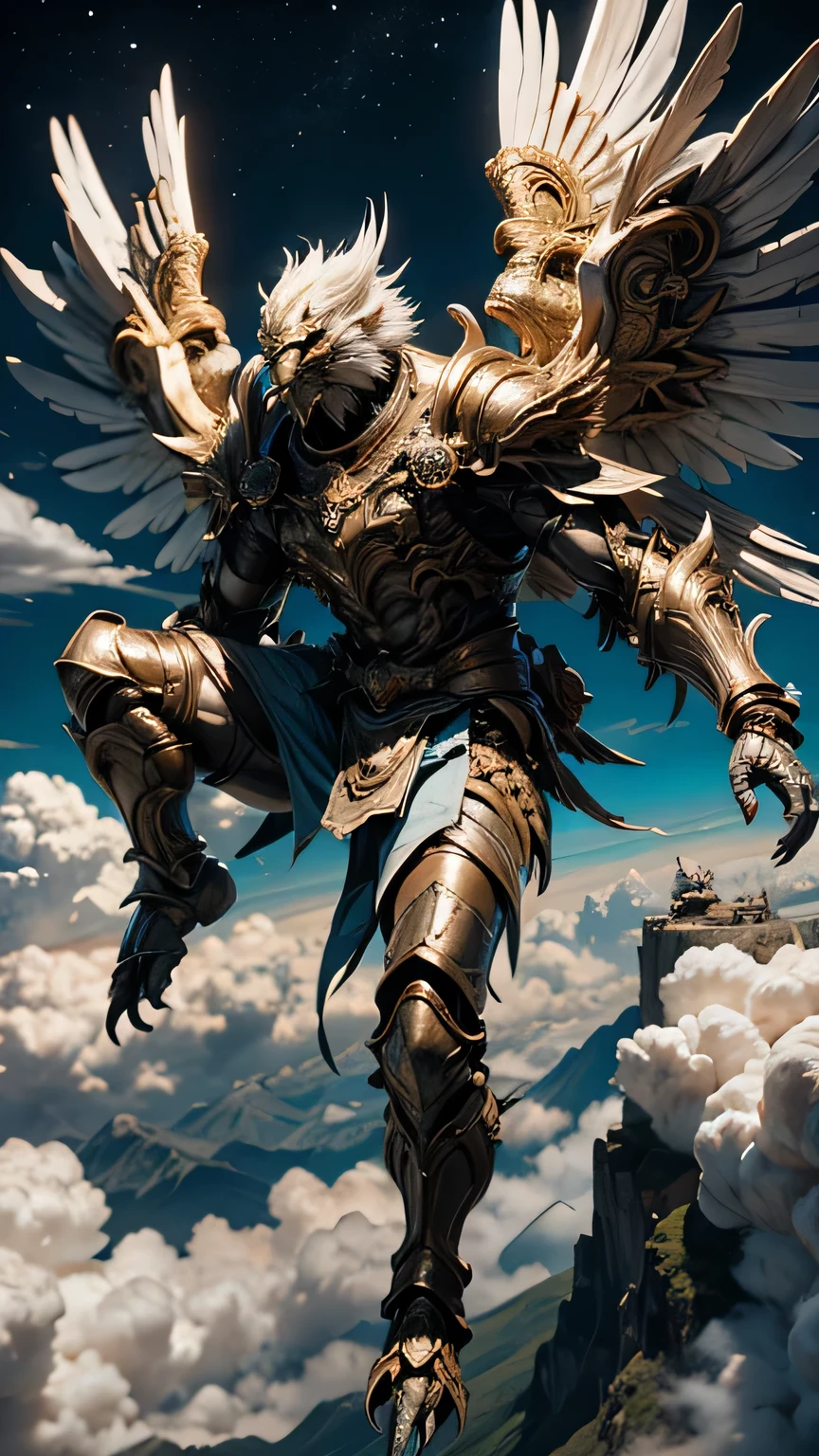 Garuda, (Bird Head:1.3), Very hairy body, Huge body, (Bird talons:1.2), Luxurious Armor, Dynamic pose, Cinematic lighting effects, Being above the clouds, Dynamic composition, (wrapped in cumulonimbus clouds:1.2), Full Plate Armor, , , Cumulonimbus clouds at your feet, In outer space, , (Break dance:1.1), Big wings on the back, , , , , , , , , , , , , ,