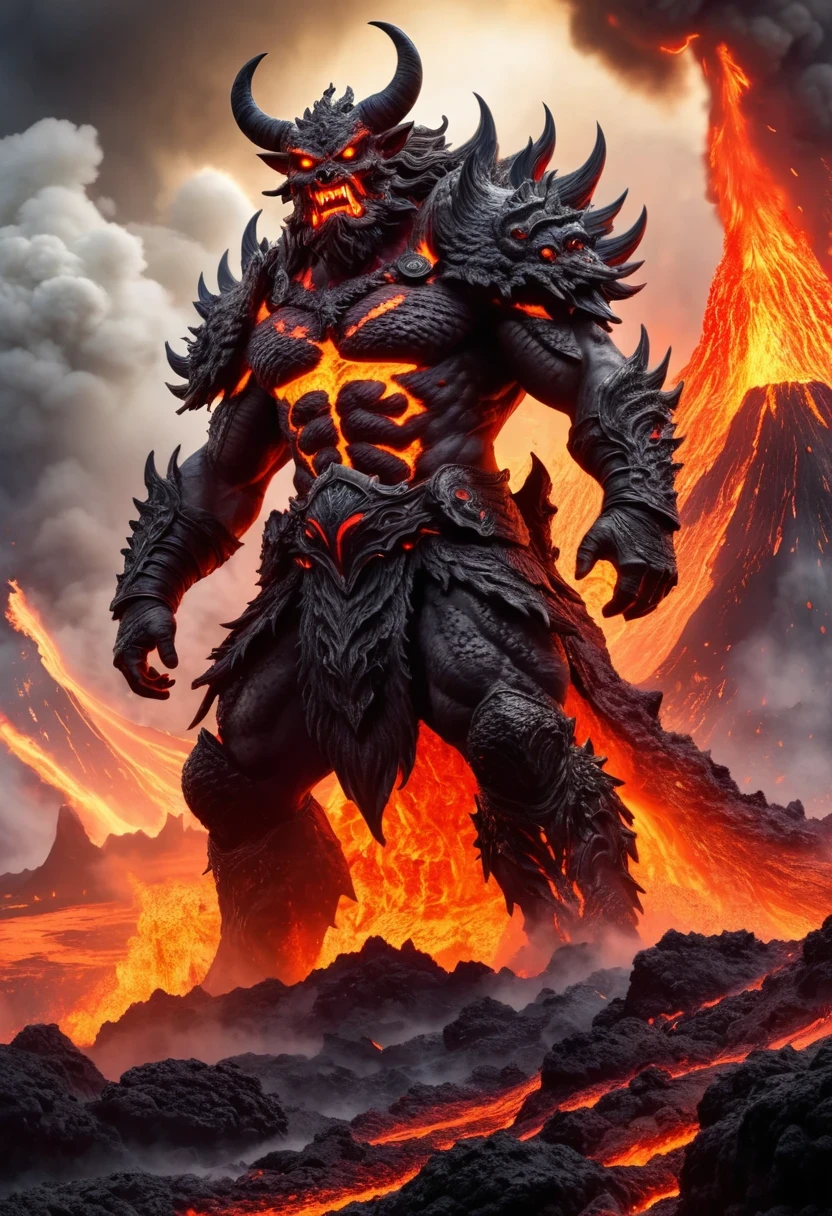 A heavily armed warrior descended from the sky，Doomsday landscape，Large-scale volcanic eruption，Flame sputtering，Lava，eruptive，A demon&#39;s face emerged from the smoke，Nuclear barrage，detergent，hydrosphere，（Implications：1.0）、Epic creation、Realistic lighting、High definition details、masterpiece、best quality，（Highly detailed CG Unity 8k wallpaper）