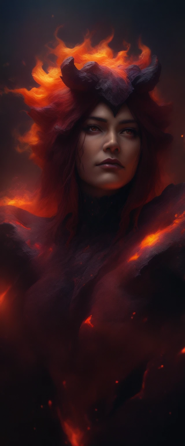 (best quality,highres:1.2), (realistic:1.37), HDR,UHD,studio lighting,extremely detailed,professional,vivid colors,bokeh, portraits,warm toned lighting, (cowboy shot:1.6), (low angle shot:1.6), female lava demon, demonic beautiful woman face, beautiful demon eyes, horns, dangerous look, fiery long hair,  swimming in lava, head and neck visible, part of the hair floats on the surface of the lava, immersed in lava, wearing armor made from rocks and lava, big fiery rocky sword, demonic look, raw photo