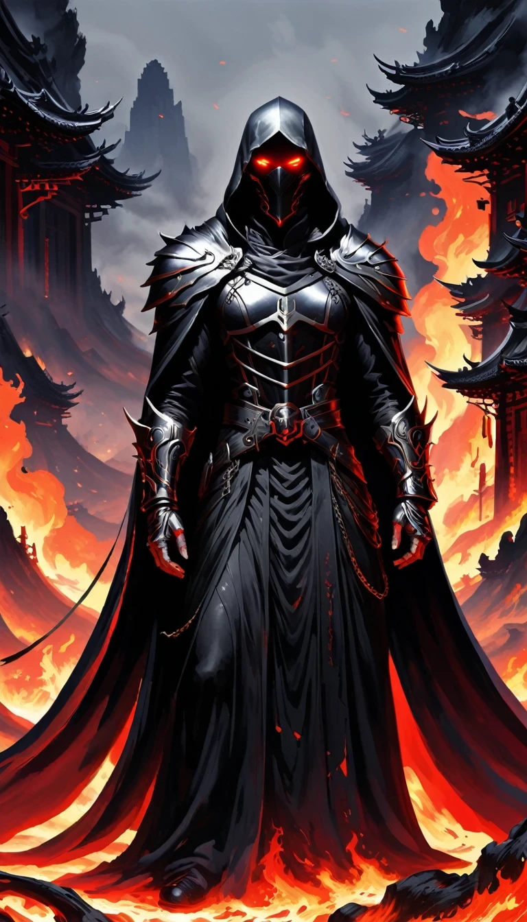 Lava,Hell style, Lava Lich King, Black Lava Necromancer armor with red elements ,Black hood and cape, Robe-Infused Armor, Glowing eyes,smokes, Natural Inspiration, Bones as accessories, Abandoned City Night, Linquivera background filled with chaotic patterns, Disturbing, Frustration, masterpiece, HD,