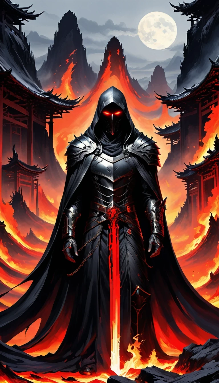 Lava,Hell style, Lava Lich King, Black Lava Necromancer armor with red elements ,Black hood and cape, Robe-Infused Armor, Glowing eyes,smokes, Natural Inspiration, Bones as accessories, Abandoned City Night, Linquivera background filled with chaotic patterns, Disturbing, Frustration, masterpiece, HD,