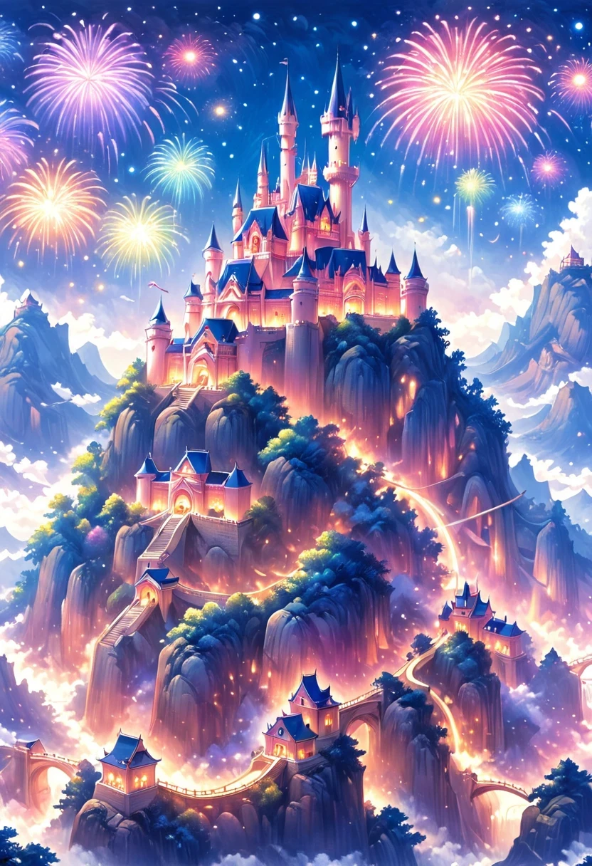 Château de rêve，Château en feu d&#39;artifice，Château avec des ailes，Château volant，Chateau dans LE ciel。Château arc-en-ciel，Espace rose