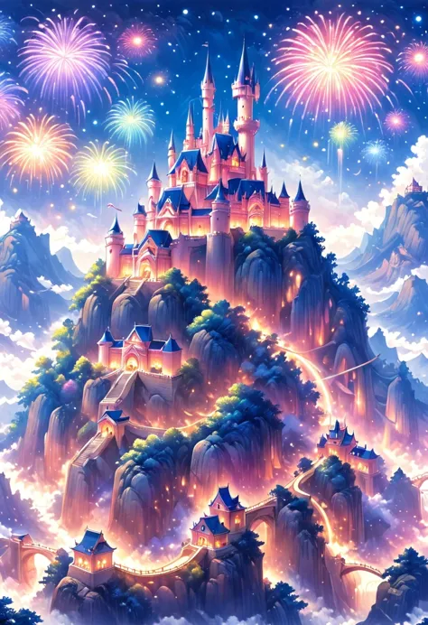 Dream Castle，Castle in fireworks，Castle with wings，Flying castle，Castle in the sky。Rainbow Castle，Pink Space