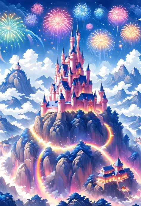 Dream Castle，Castle in fireworks，Castle with wings，Flying castle，Castle in the sky。Rainbow Castle，Pink Space