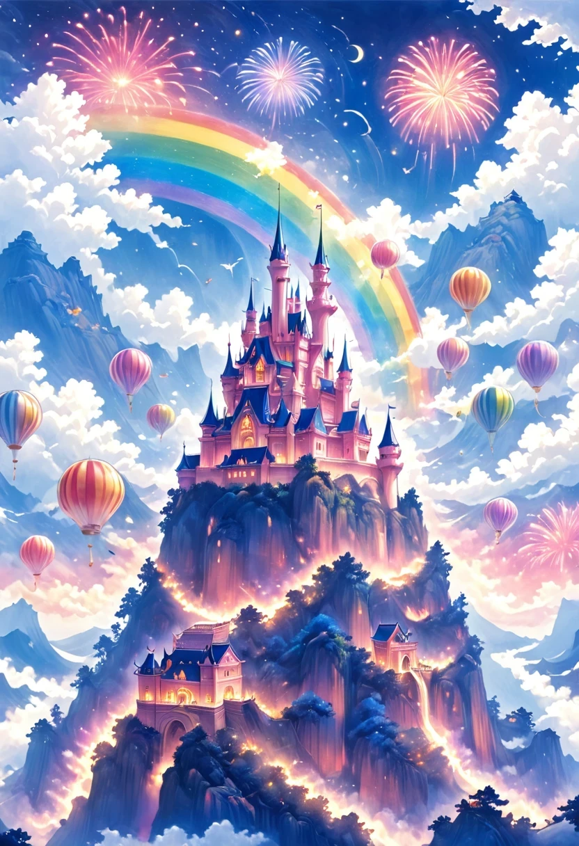 梦幻城堡，烟花下的城堡，长着翅膀的城堡，飞行城堡，天空之城。彩虹城堡，粉色空间