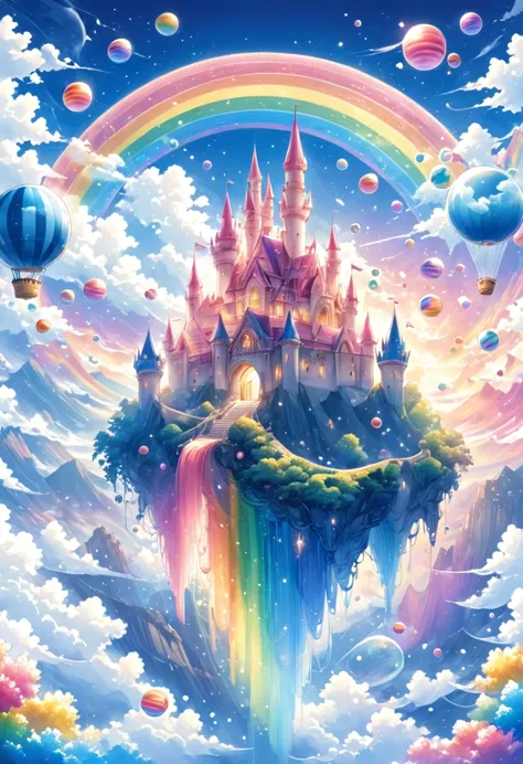 Dream Castle，Castle in bubbles，Castle with wings，Flying castle，Castle in the sky。Rainbow Castle，Pink Space