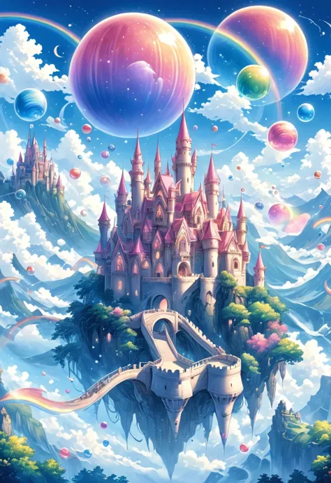 Dream Castle，Castle in bubbles，Castle with wings，Flying castle，Castle in the sky。Rainbow Castle，Pink Space