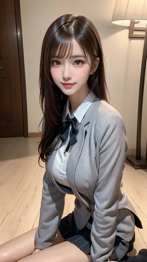 (Best Quality, 4K, 8K, hight resolution, masutepiece:1.2),1 beautiful young girl, Super beautiful detailed face, shyly smile, Symmetrical black eyes),  1 girl with a perfect body， Super fine face and eyes，slong hair，(fishnet garment:1.3, grey blazer, ribbo...