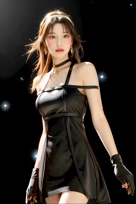 yor briar, (photorealistic), beautiful girl,backlighting, bare shoulders, black background, black dress, black gloves, black hai...