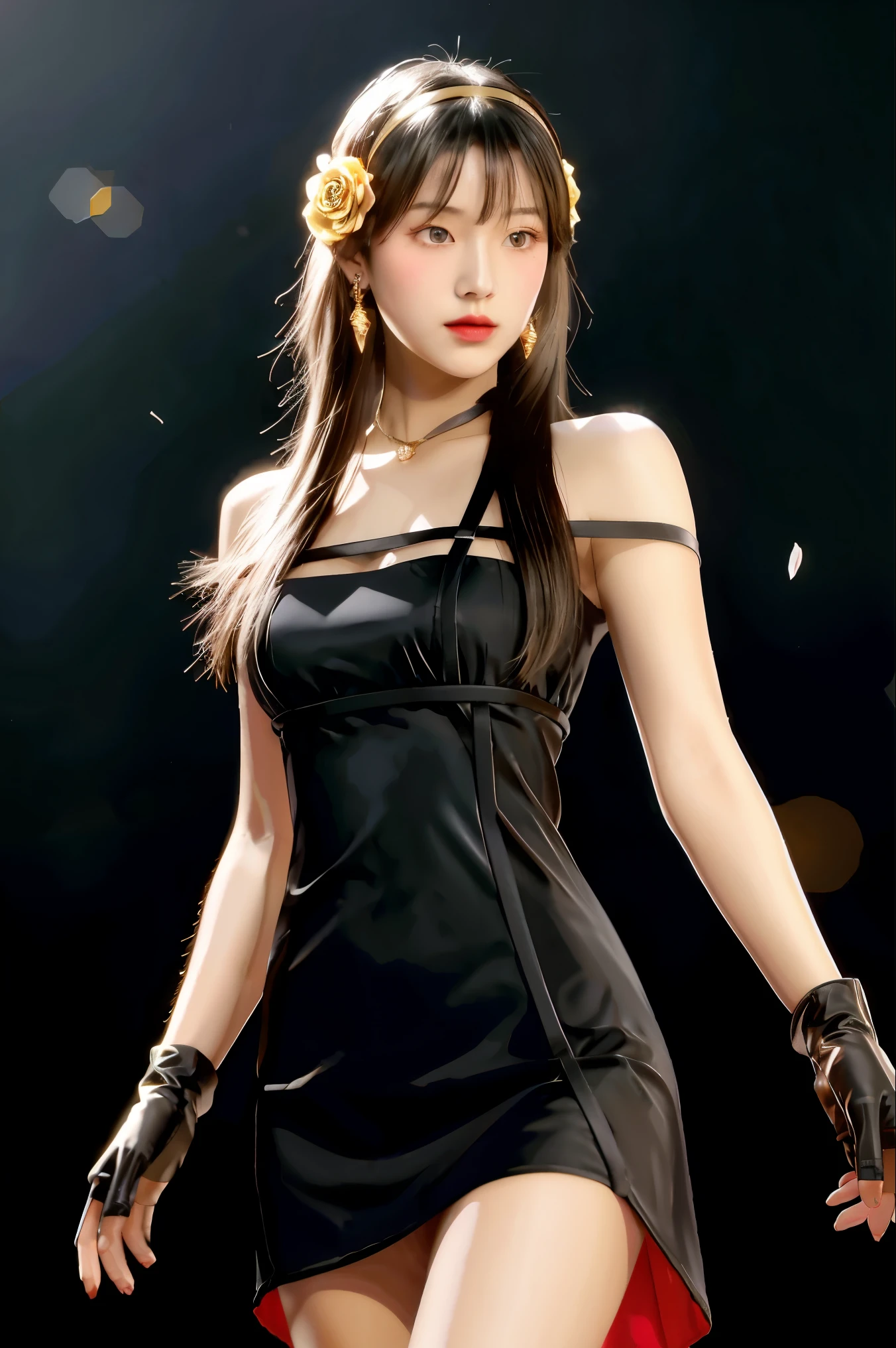 yor briar, (photorealistic), beautiful girl,backlighting, bare shoulders, black background, black dress, black gloves, black hair, breasts, closed mouth, cowboy shot, dress, earrings, expressionless, fingerless gloves, floating hair, gloves, gold earrings, gold hairband, hair flower, hair ornament, hairband, jewelry, large breasts, light particles, long hair, looking at viewer, off-shoulder dress, off shoulder, petals, red eyes, short hair with long locks, sidelocks, solo, spikes, thighs, two-sided dress, two-sided fabric, ((masterpiece))