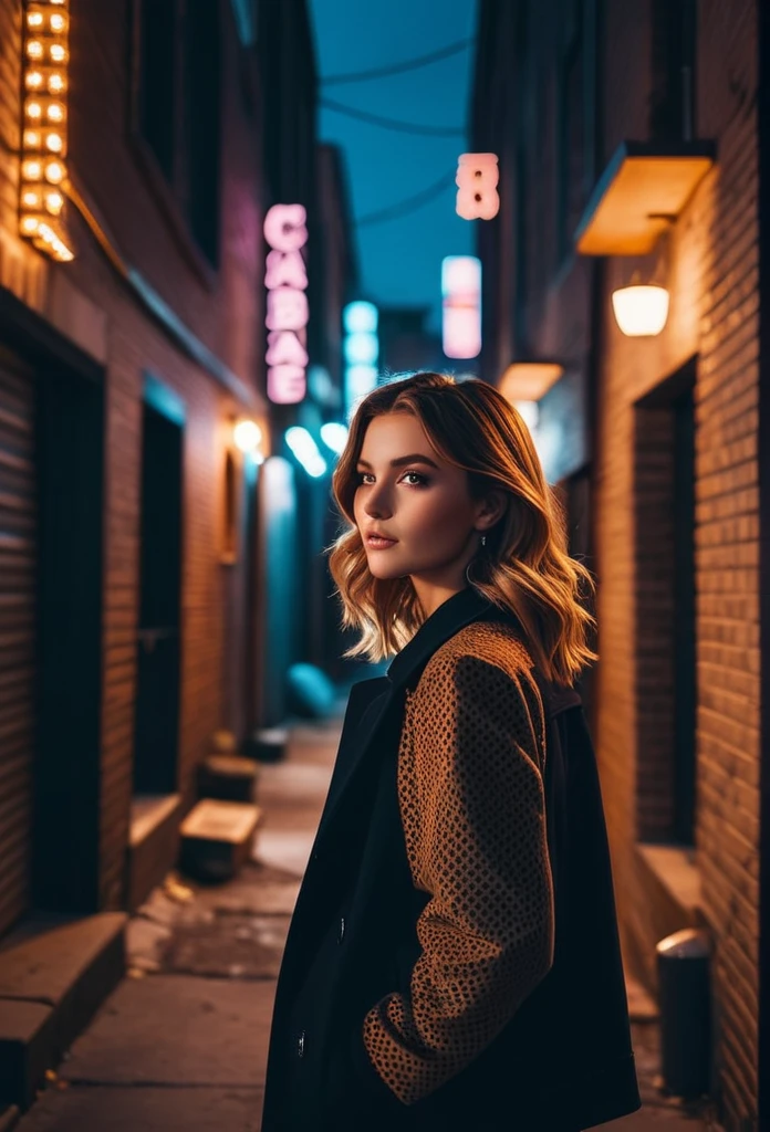 girl in alley, cinematic photo, 35mm photograph, film, bokeh, 4k, 8K, (masterpiece, best quality, Professional, perfect composition, very aesthetic, absurdres, ultra-detailed, intricate details:1.3), by Brandon Woelfel