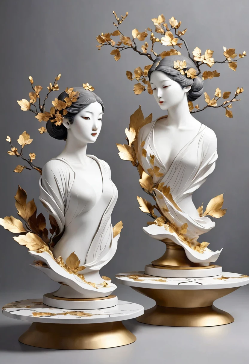 ((展示する，静物画テーブル，芸術的な彫像，3D彫刻，陶芸，表面のひび割れ，砕けたテクスチャ)), 自然の美しさを伝える.ケインから，金色の粉， このアートワークは灰色の背景に表示されます，芸術性を強調する.
